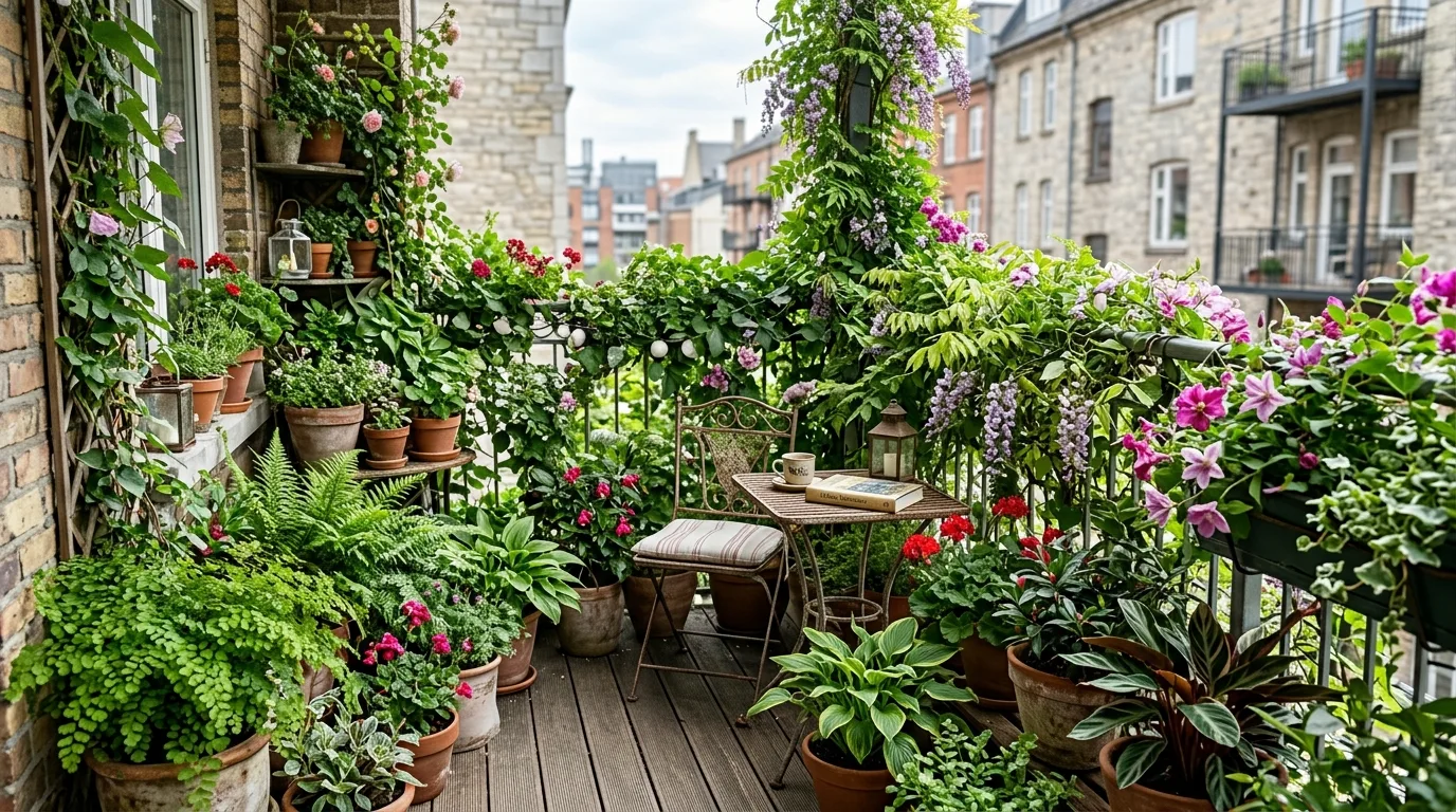 A cozy balcony landscape with privacy screen vines and lanterns, no people