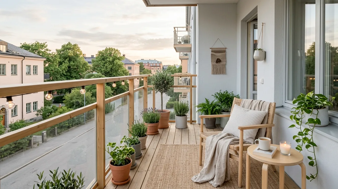 A cozy balcony landscape with a corner bench and greenery, no people