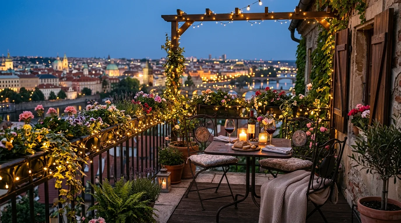 A balcony landscape using plant shelves for vertical layering, no people