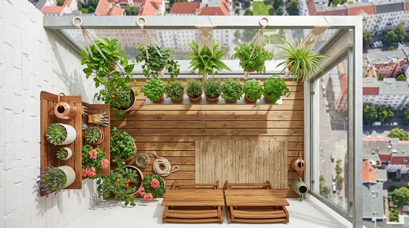 A cozy boho balcony landscape with trailing plants and evening glow, no people