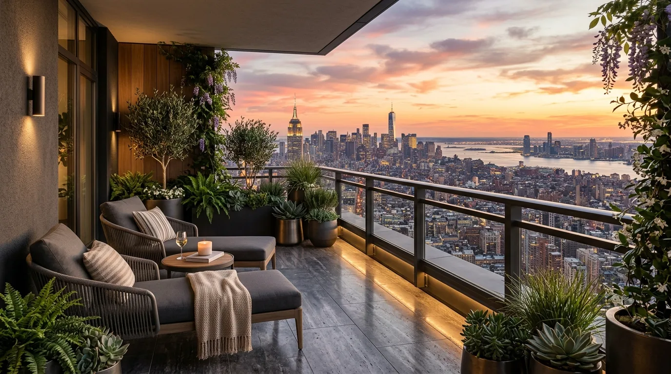 A narrow cozy balcony landscape with small dining setup, no people