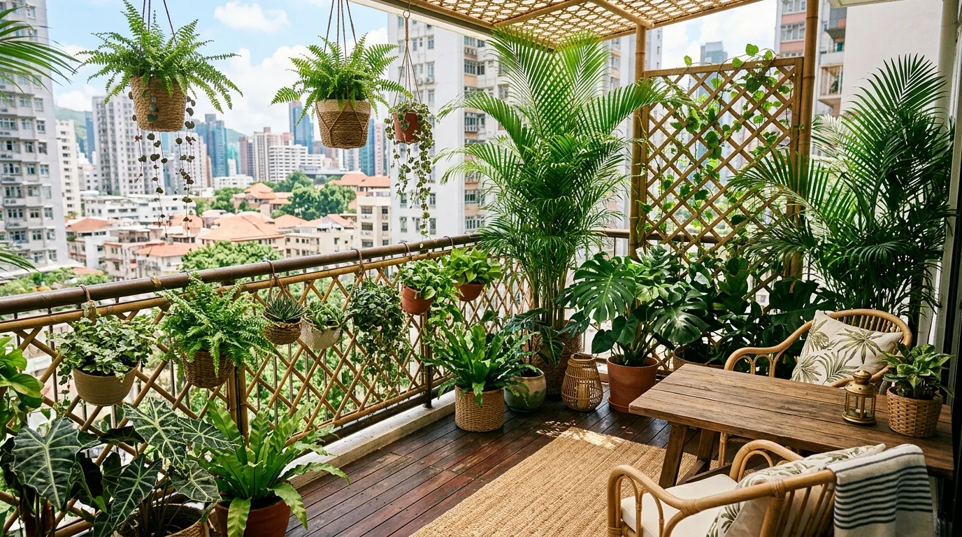 A cozy balcony landscape with evergreens and warm winter texture, no people