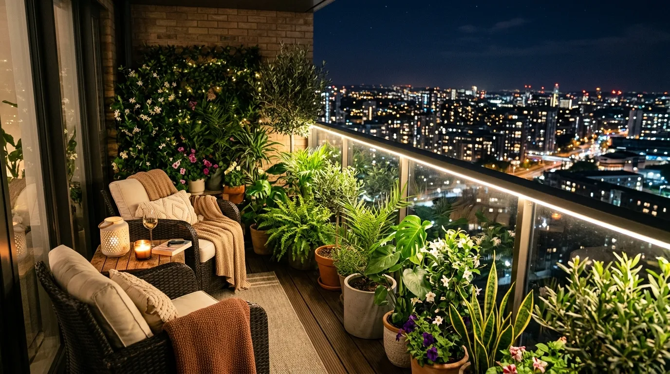 A cozy urban balcony landscape designed as a small retreat, no people