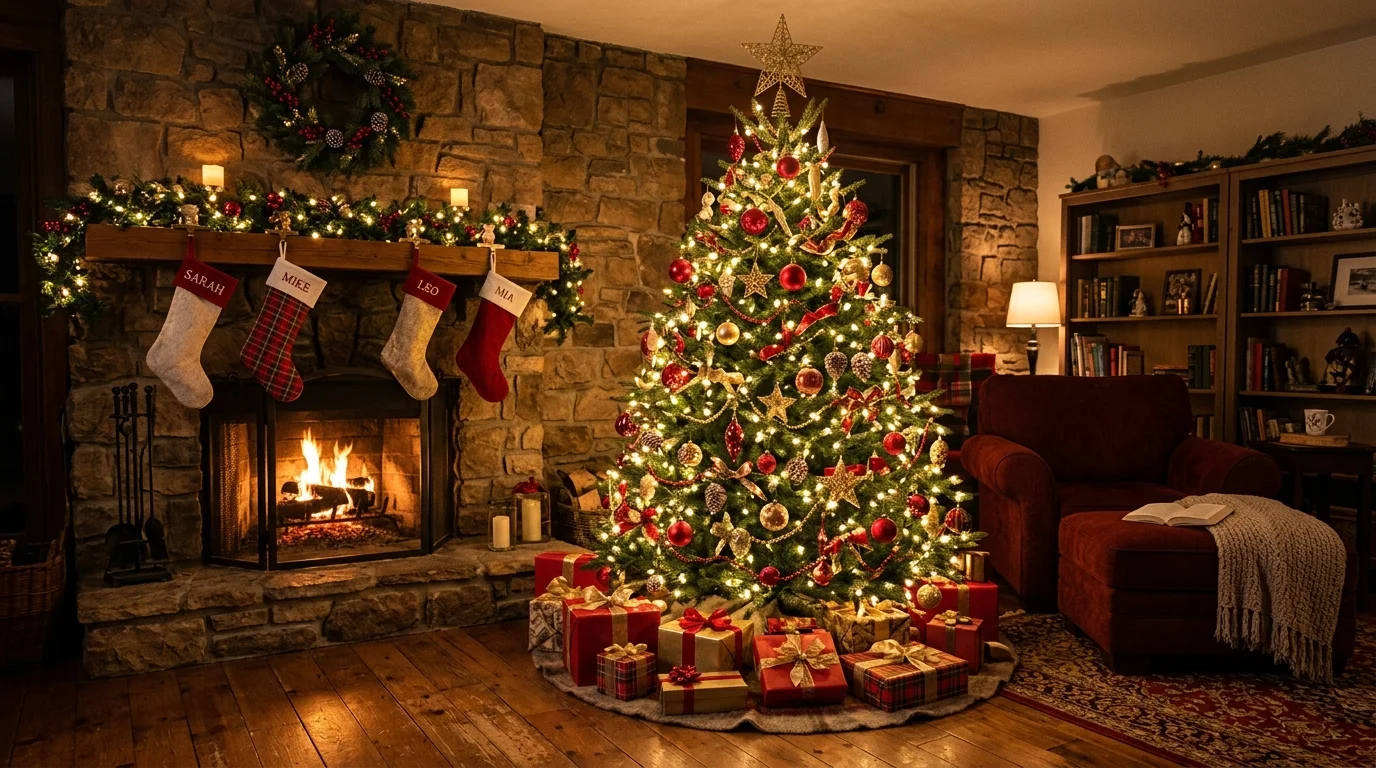 A classic traditional Christmas tree styled with red and green ornaments, warm lights, and timeless holiday decor, no people
