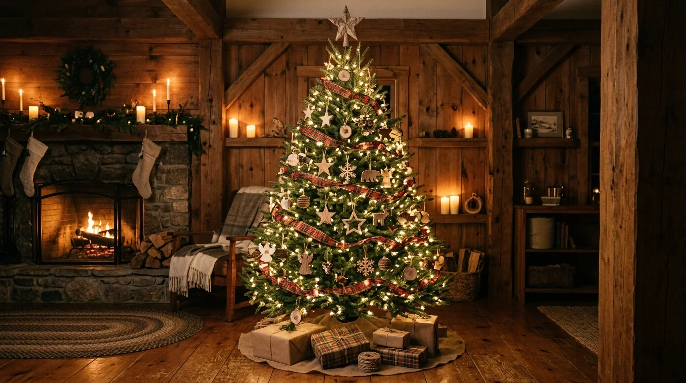 A traditional Christmas tree wrapped in plaid ribbon with classic ornaments and cozy timeless holiday styling, no people