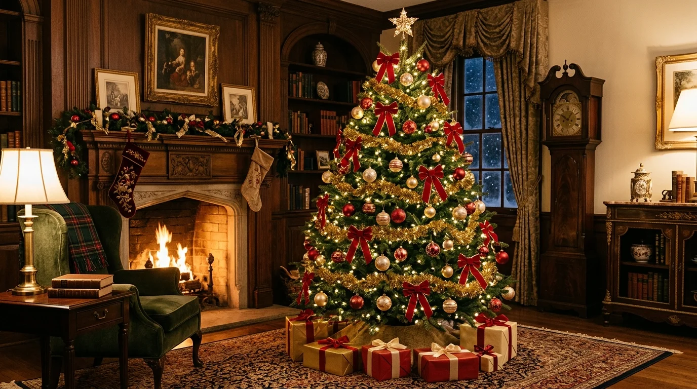 A classic Christmas tree glowing with warm lights, traditional ornaments, and timeless holiday warmth, no people