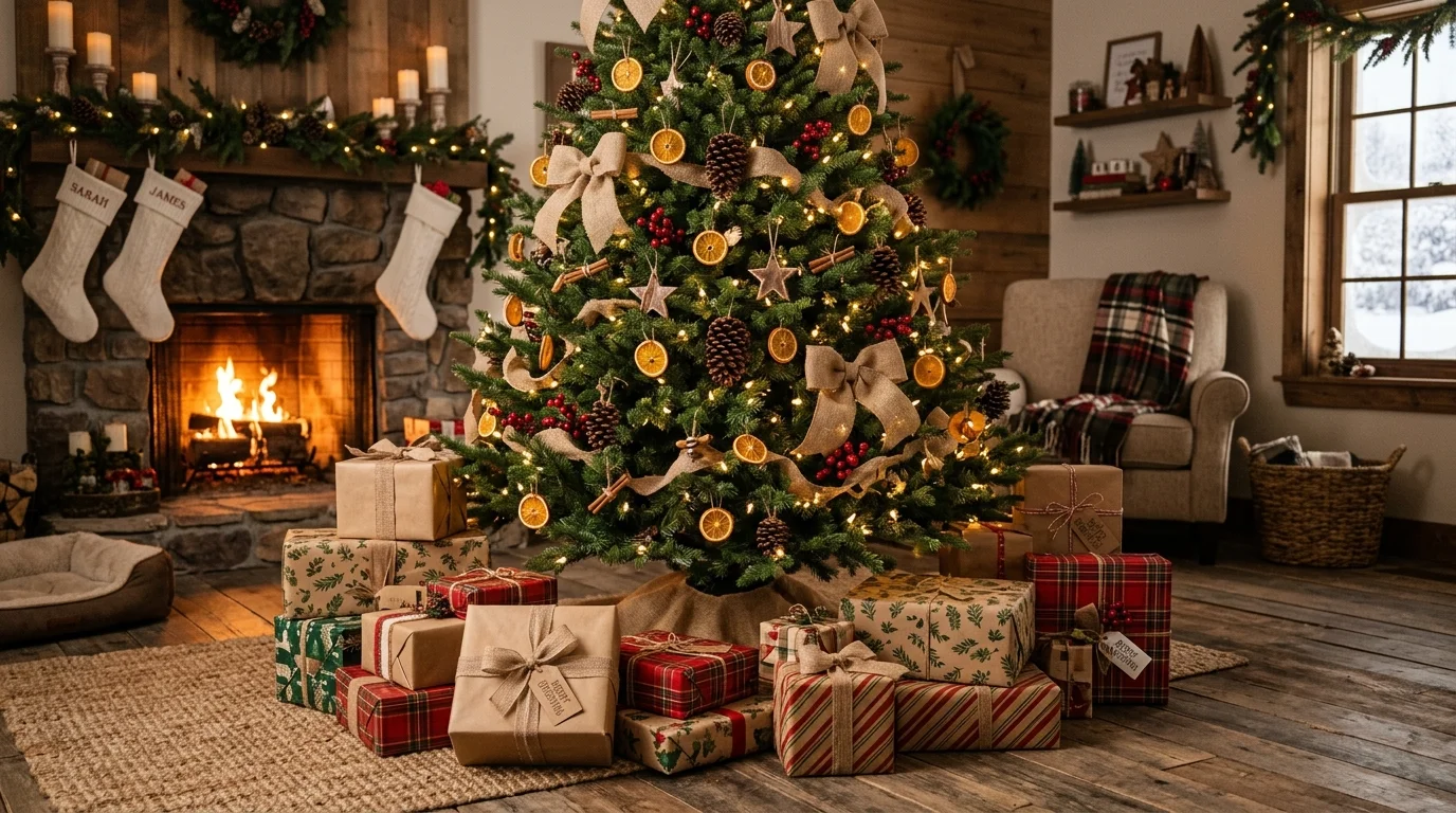 A traditional Christmas tree decorated with heirloom ornaments and warm timeless holiday charm, no people