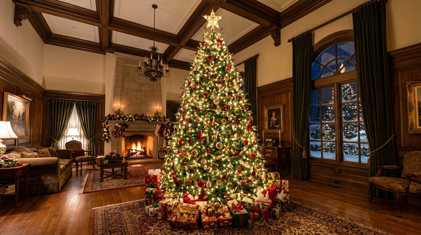 A classic Christmas tree with nutcracker-inspired ornaments, rich ribbon, and timeless festive styling, no people