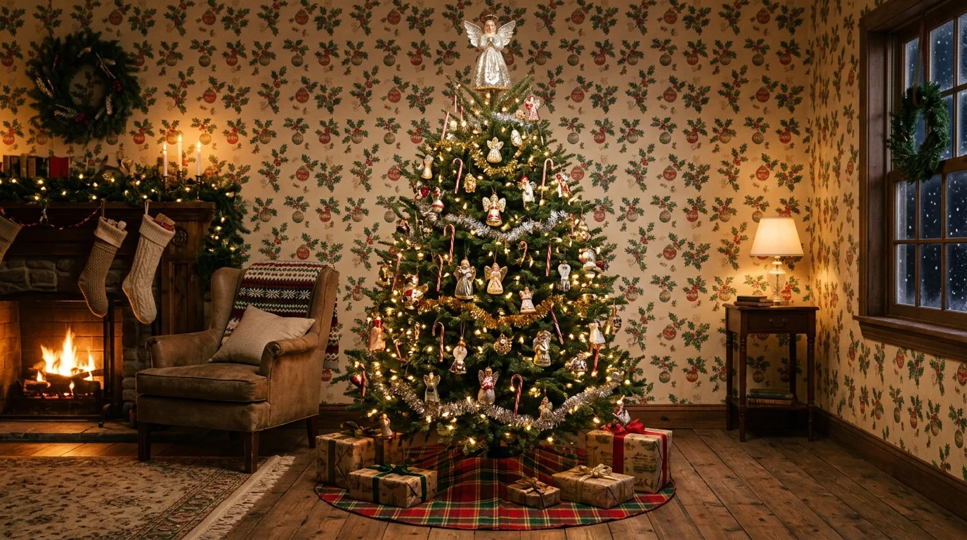 A traditional Christmas tree with cranberry and gold accents, warm lights, and timeless holiday style, no people