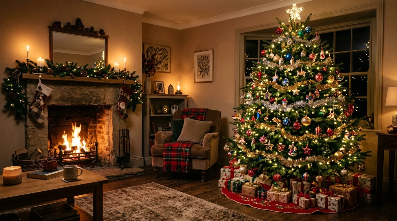 A traditional Christmas tree beside a mantel with classic ornaments, warm lights, and timeless holiday ambiance, no people