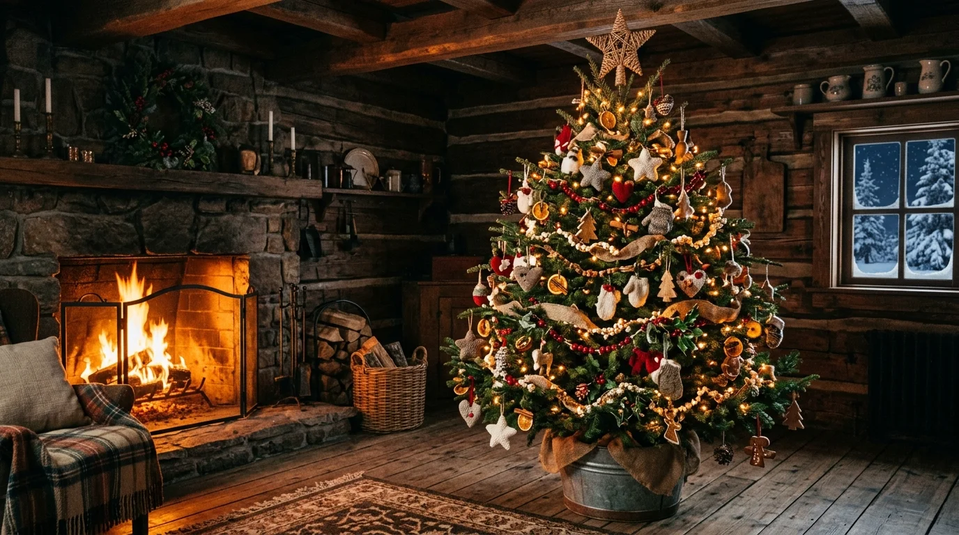 A farmhouse-traditional Christmas tree styled with classic ornaments, natural textures, and timeless holiday warmth, no people