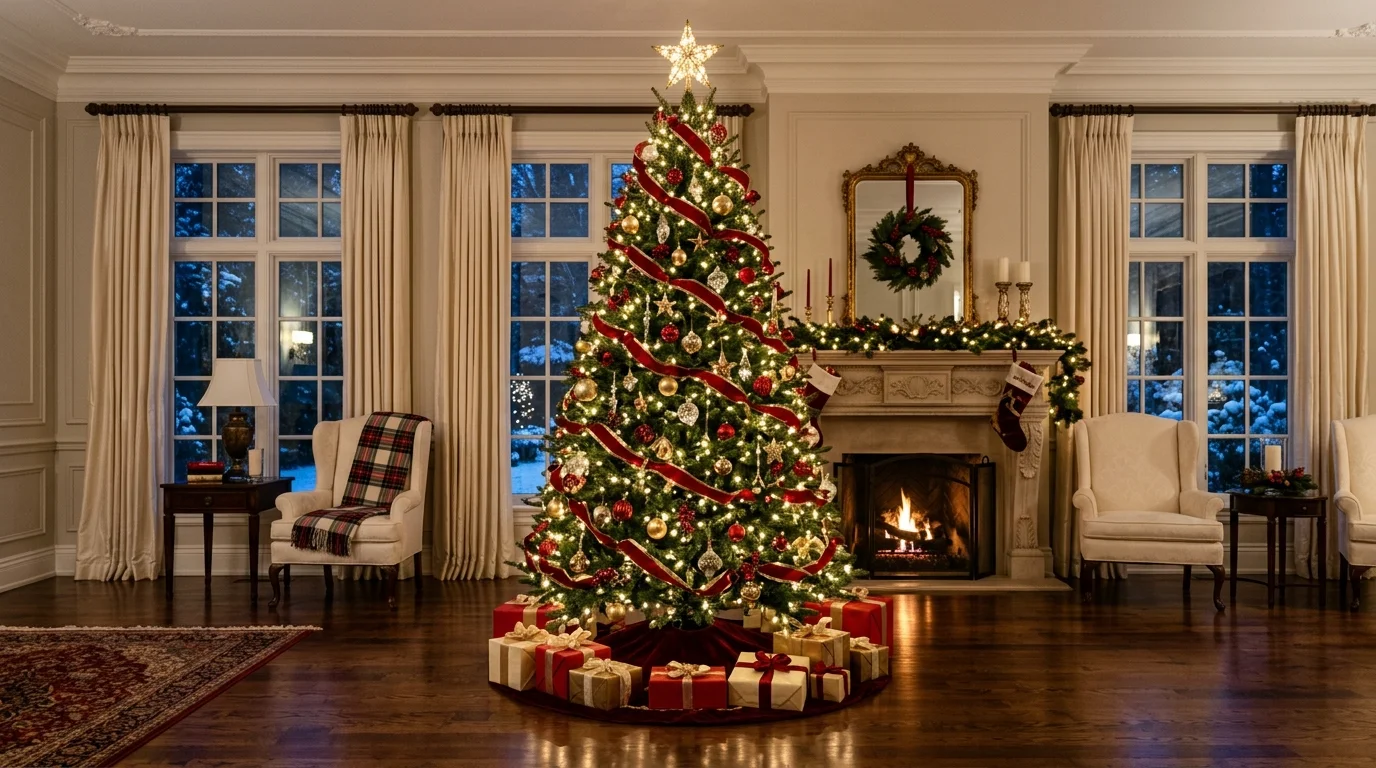 A full traditional Christmas tree with classic baubles, warm lights, and balanced timeless styling, no people