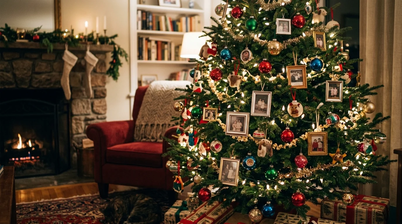 A traditional Christmas tree decorated with red bows, evergreen richness, and timeless festive detail, no people