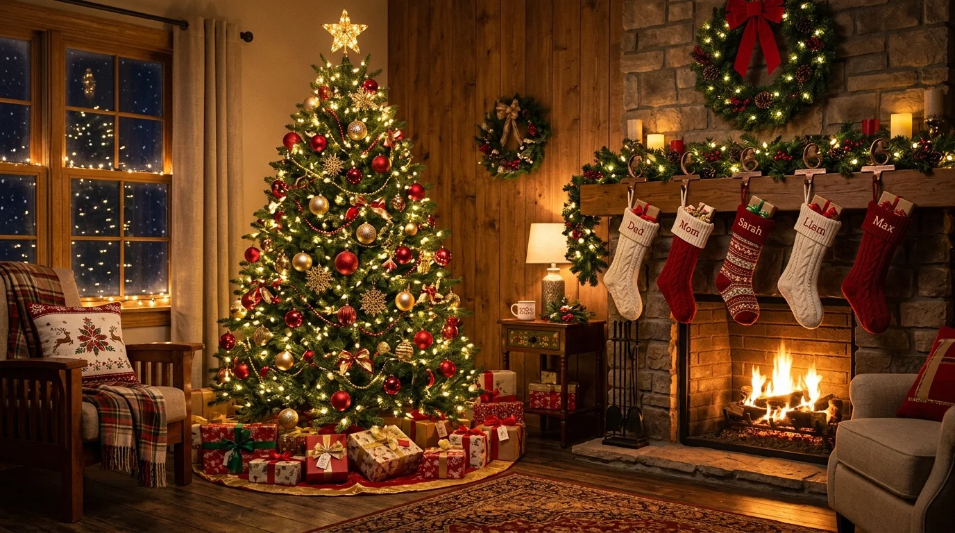 A timeless Christmas tree with glass ornaments, warm lights, and classic traditional holiday styling, no people