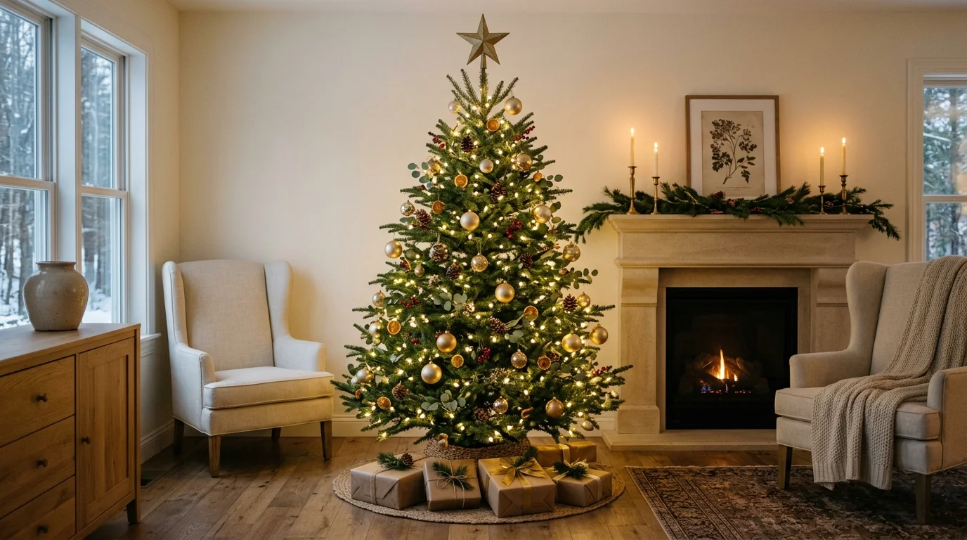 A traditional Christmas tree with layered ribbon, classic ornaments, and timeless holiday elegance, no people
