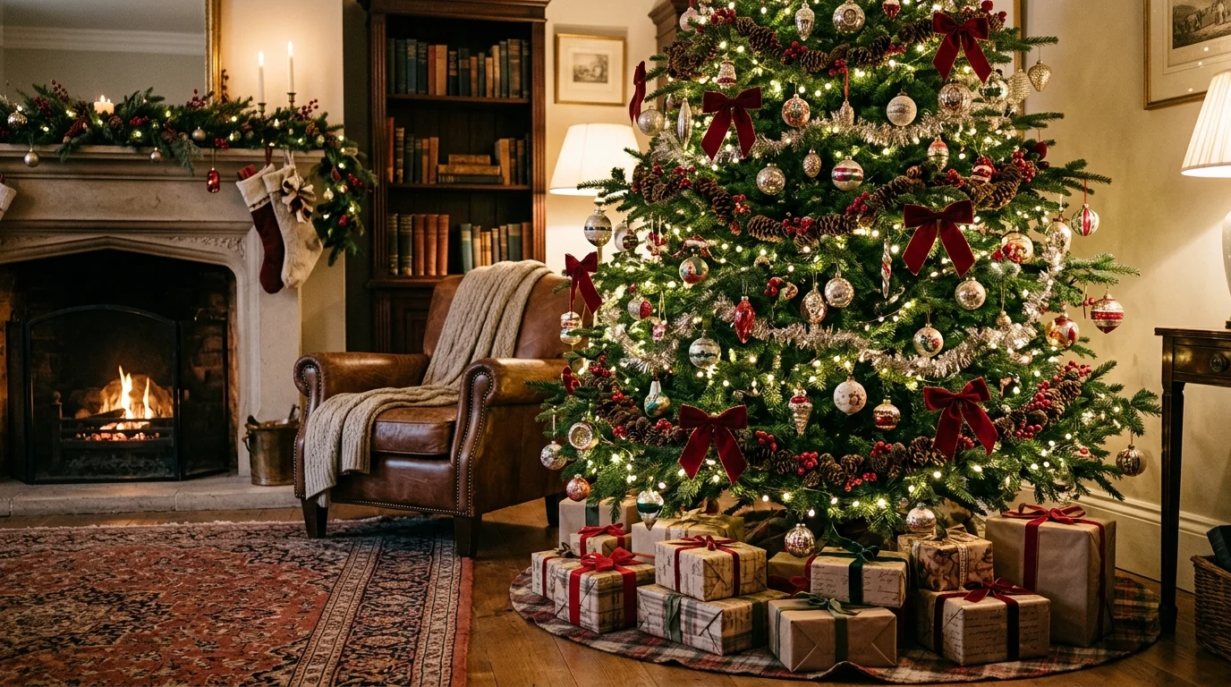 A cozy traditional Christmas tree with handmade accents, classic ornaments, and timeless family holiday charm, no people