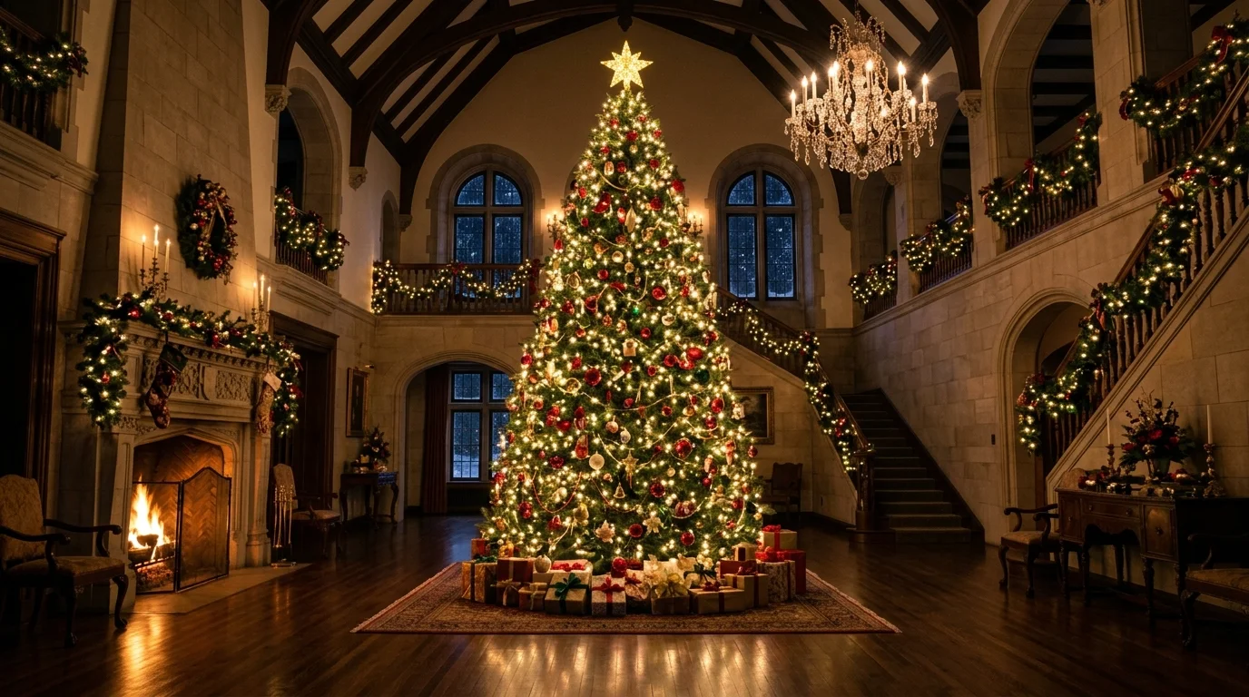 A formal traditional Christmas tree with symmetrical ornaments, warm lights, and timeless holiday polish, no people