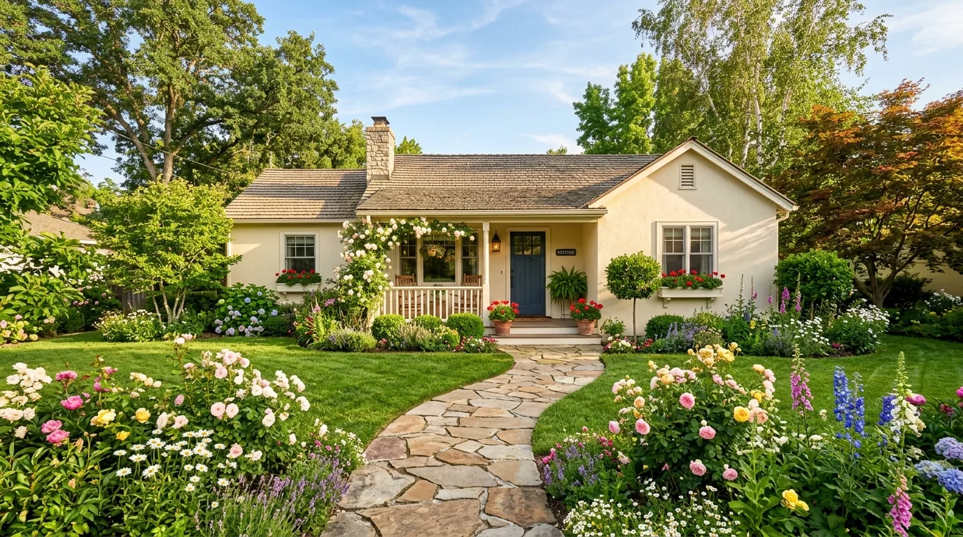 A charming bungalow landscape with flowers along the front walk, no people