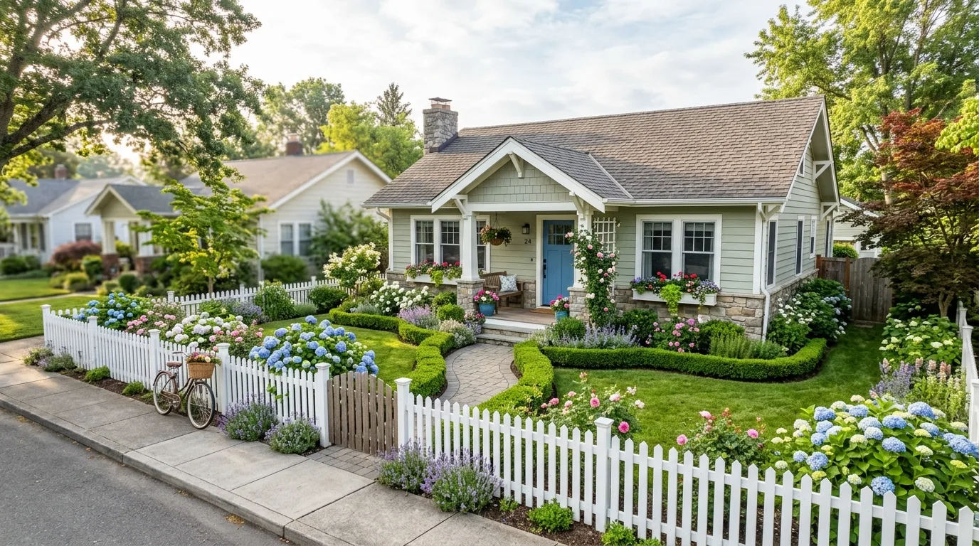A bungalow porch landscape with layered pots and cottage charm, no people