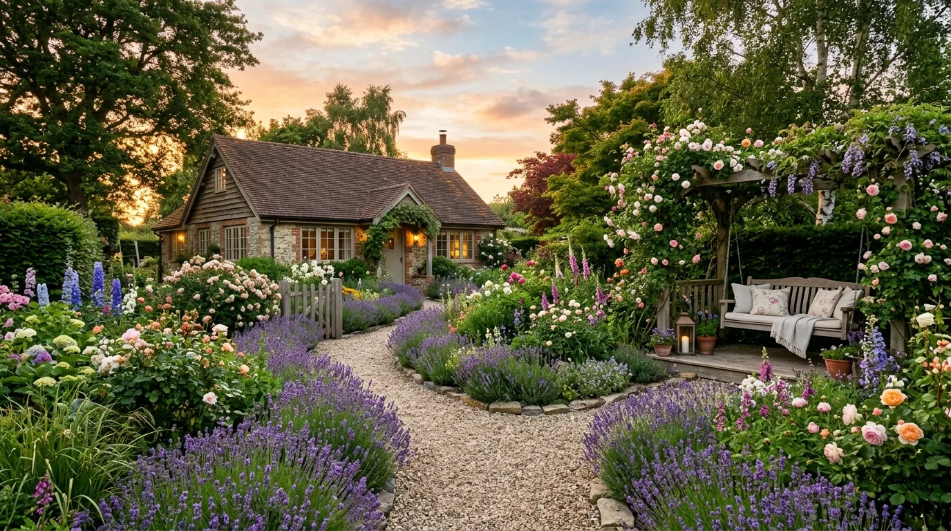 A charming bungalow landscape with curved front planting bed, no people