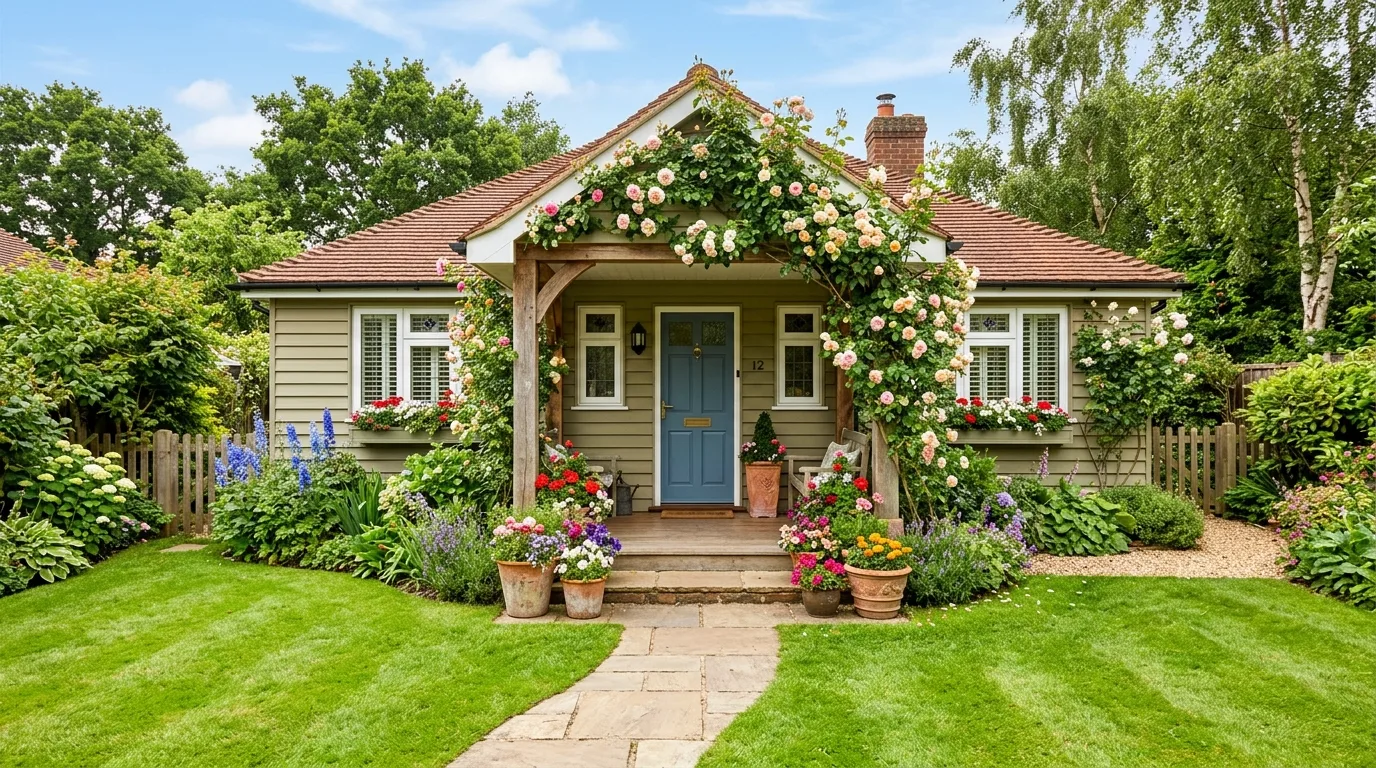 A bungalow corner landscape with picket fence and flowers, no people