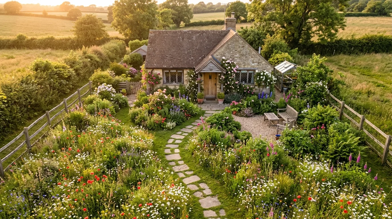 A charming bungalow landscape with stone shrubs and craftsman warmth, no people