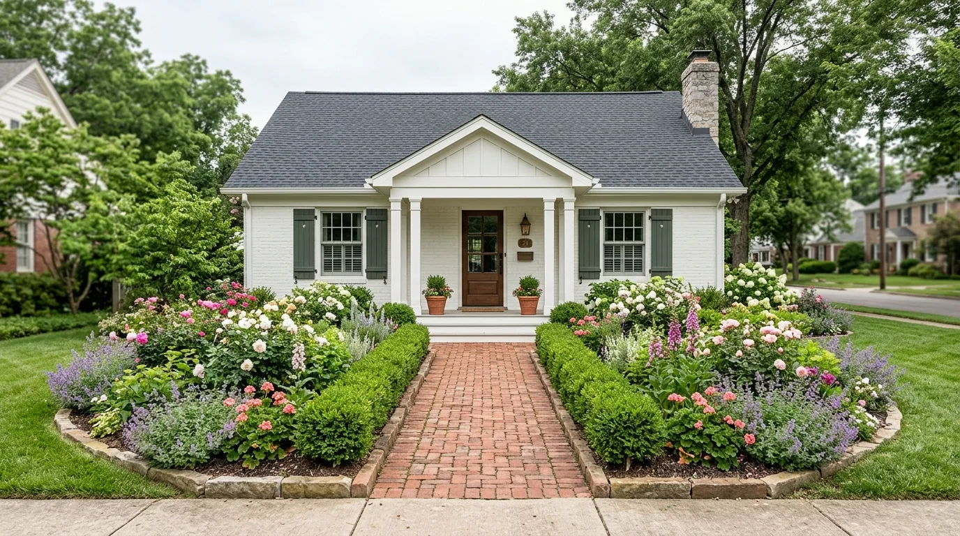 A bungalow side yard landscape with a charming garden path, no people