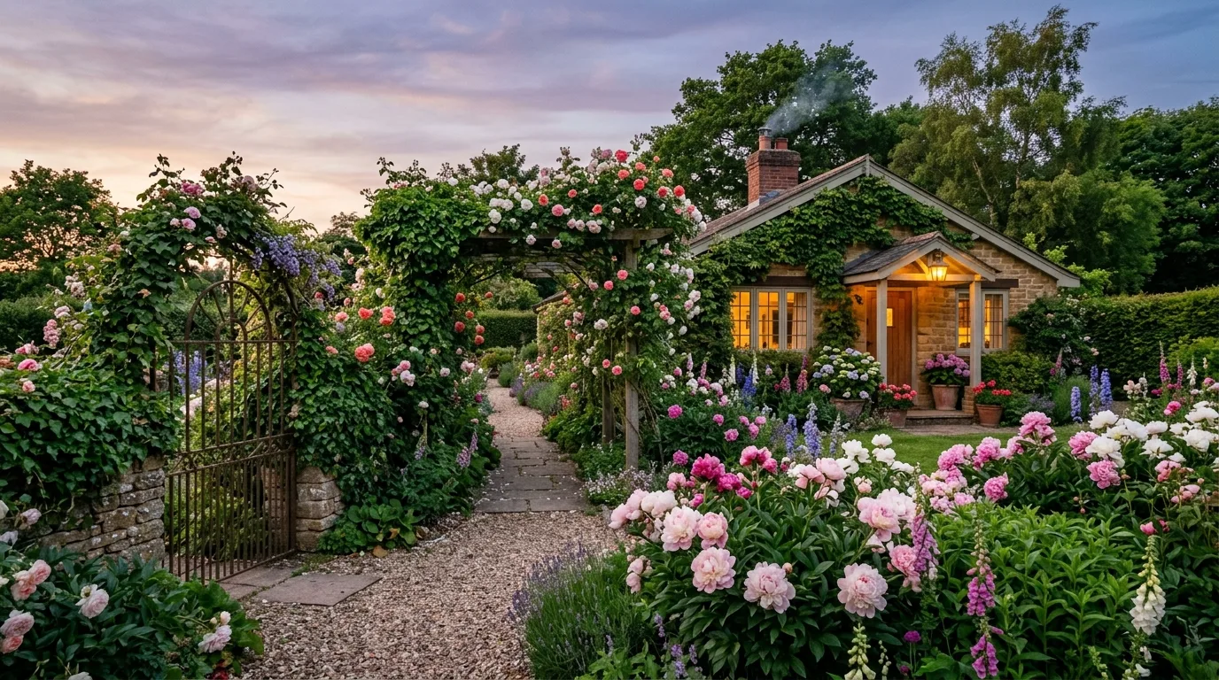 A charming bungalow landscape with a planted rain garden edge, no people