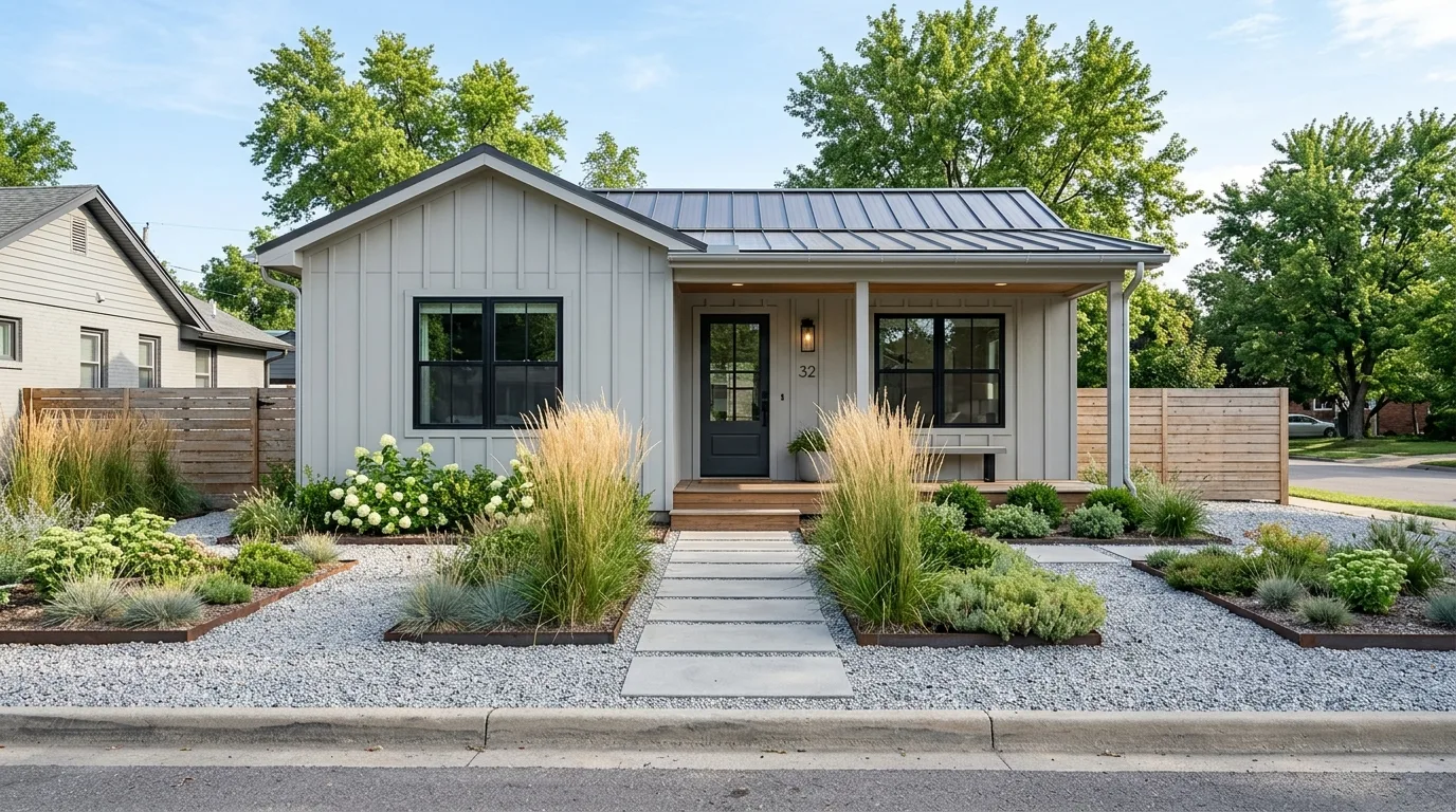 A charming bungalow backyard landscape with lawn flowers and seating, no people