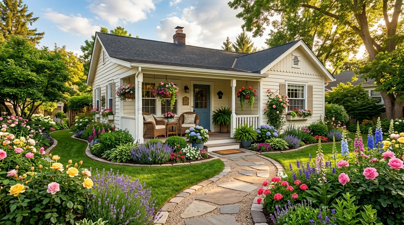 A bungalow landscape with shaded foundation planting and hostas, no people
