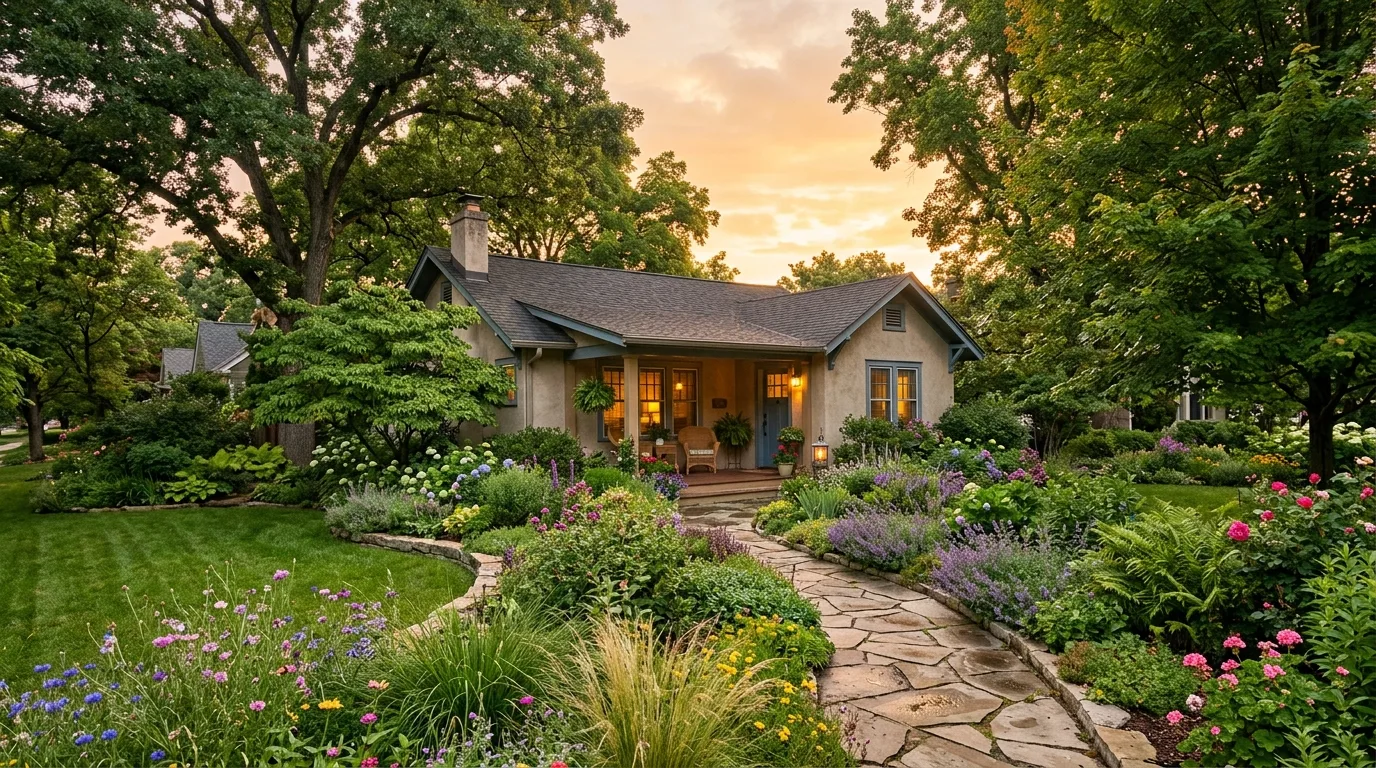 A charming bungalow landscape with flowering shrubs along the driveway, no people