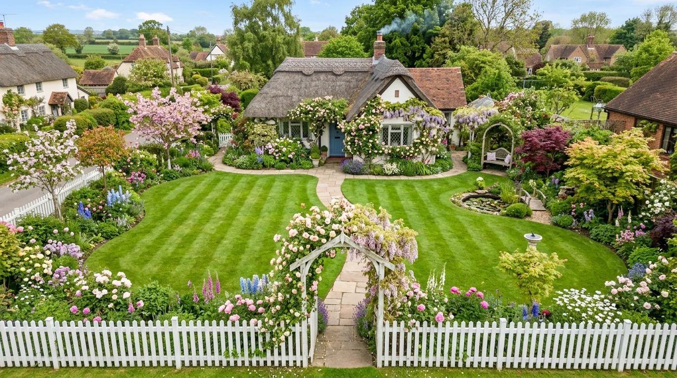 A bungalow front garden with a small ornamental tree, no people