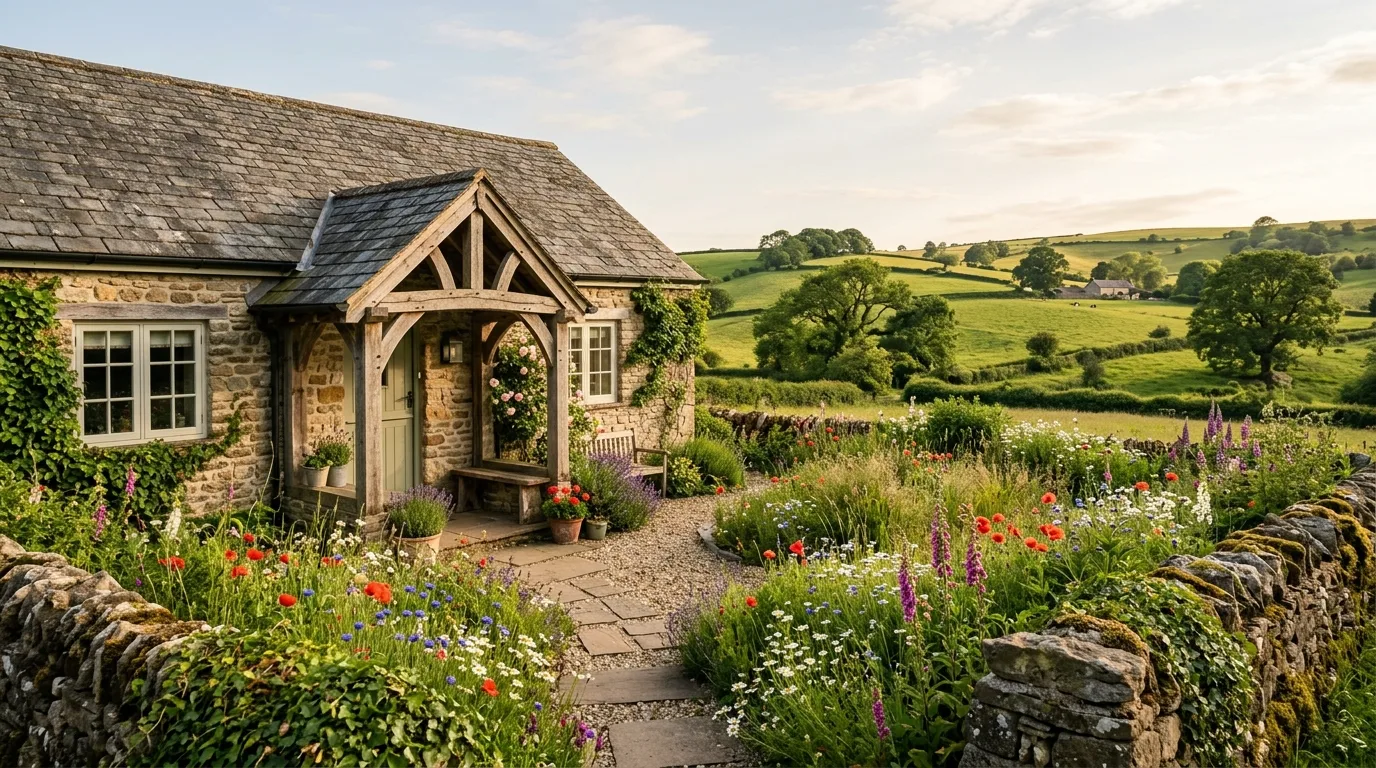 A charming bungalow landscape with grasses and cottage flowers, no people