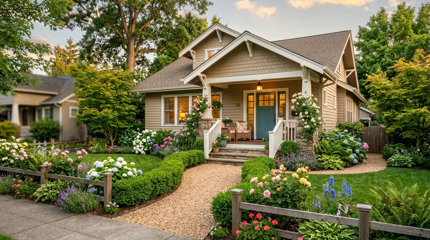 A charming bungalow landscape with warm cottage curb appeal, no people