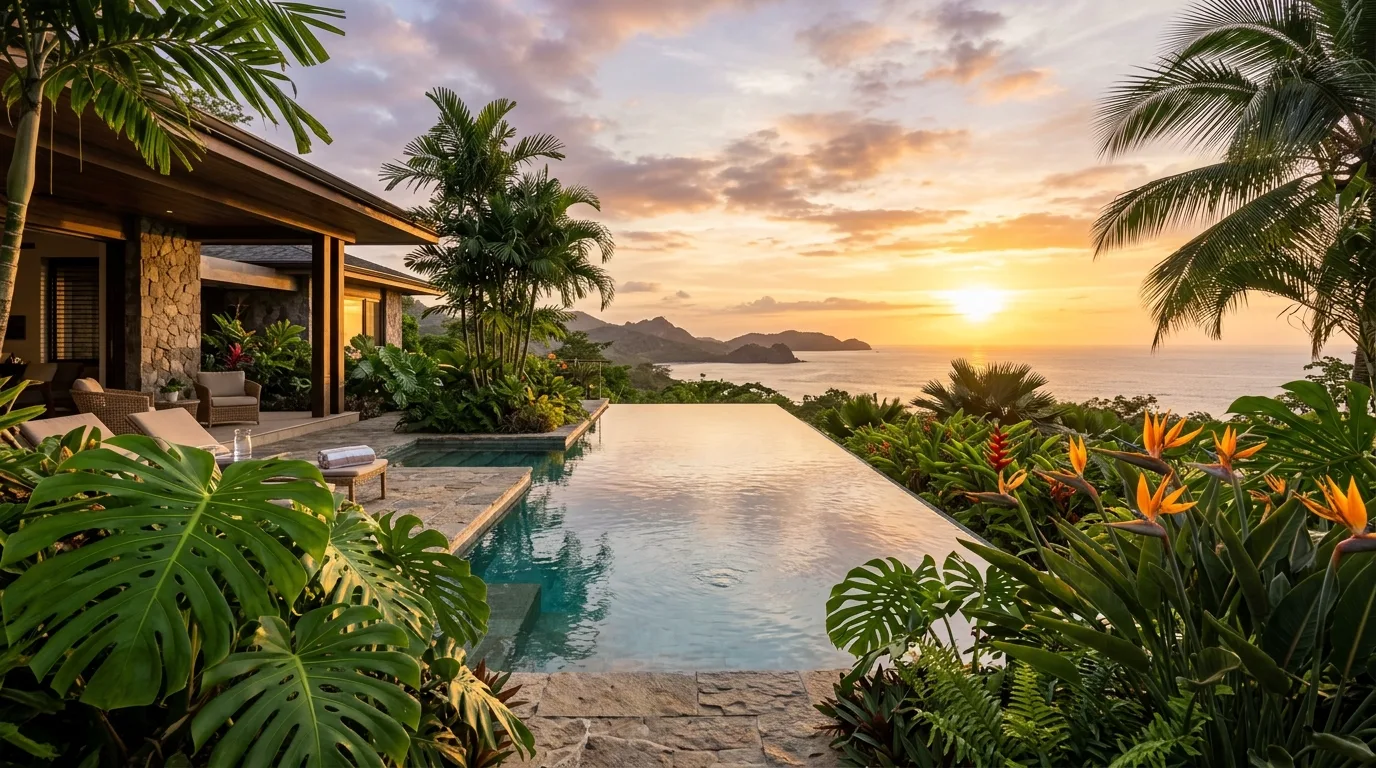 A lush modern tropical landscape with palms broad leaves and poolside planting, no people