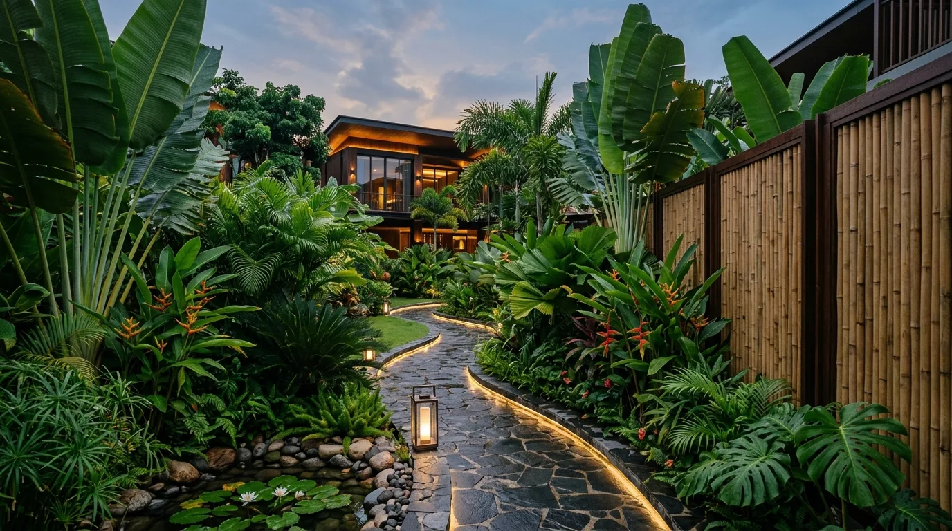 A modern tropical courtyard with black planters and lush greenery, no people