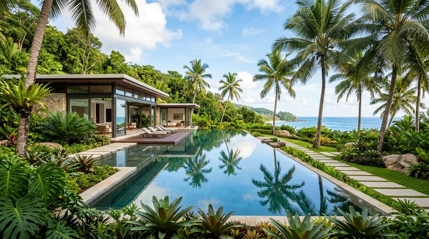 A lush tropical landscape with banana leaves around a timber deck, no people