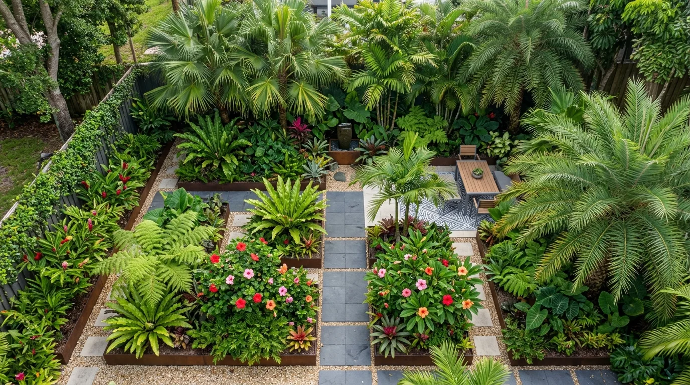 A modern tropical front yard landscape with palms and clean edging, no people