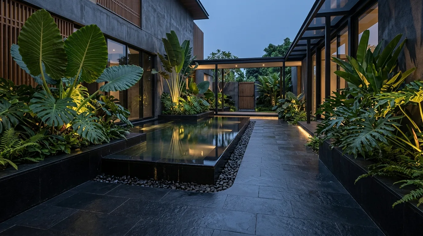 A tropical landscape path with stone and dense understory planting, no people