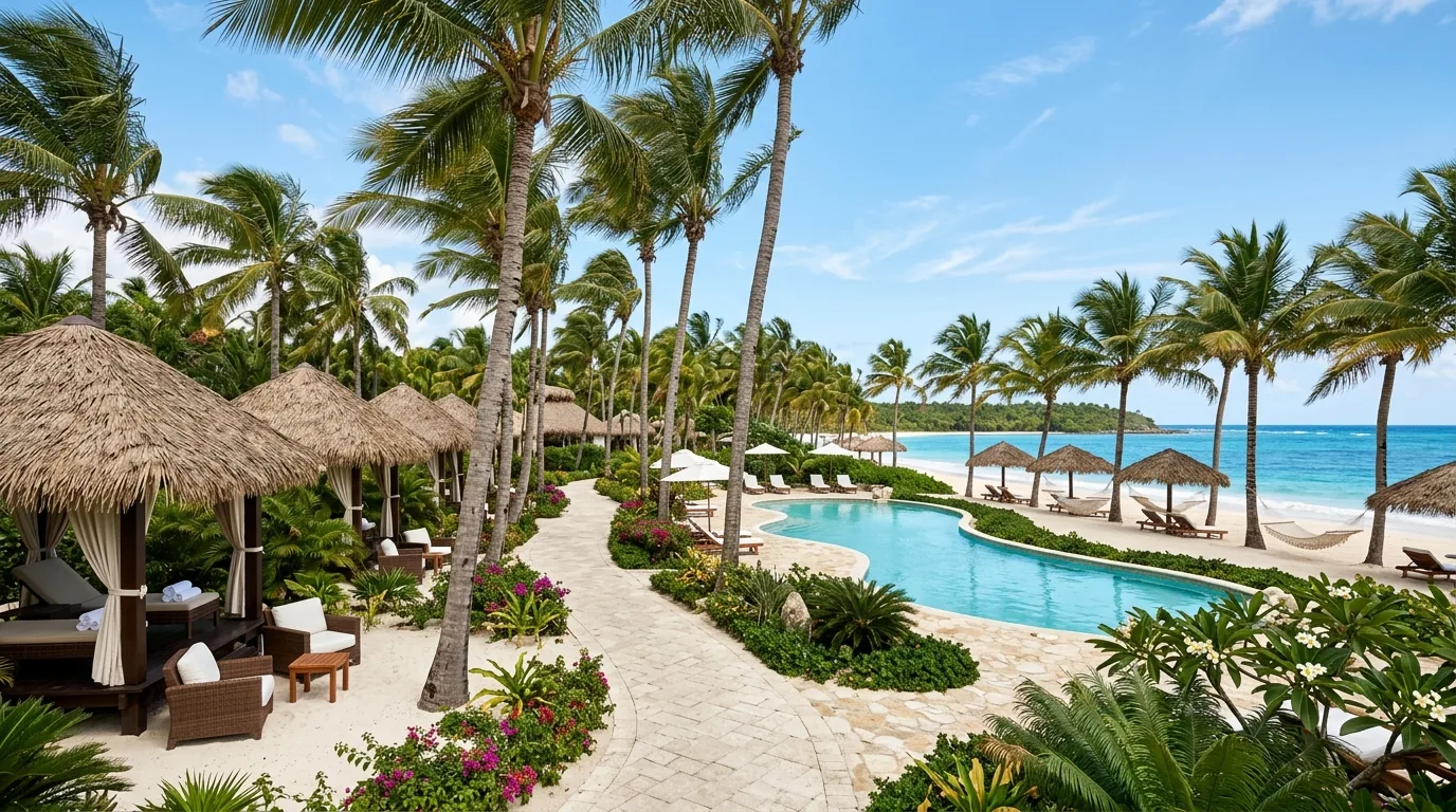 A compact modern tropical landscape with vertical layered foliage, no people