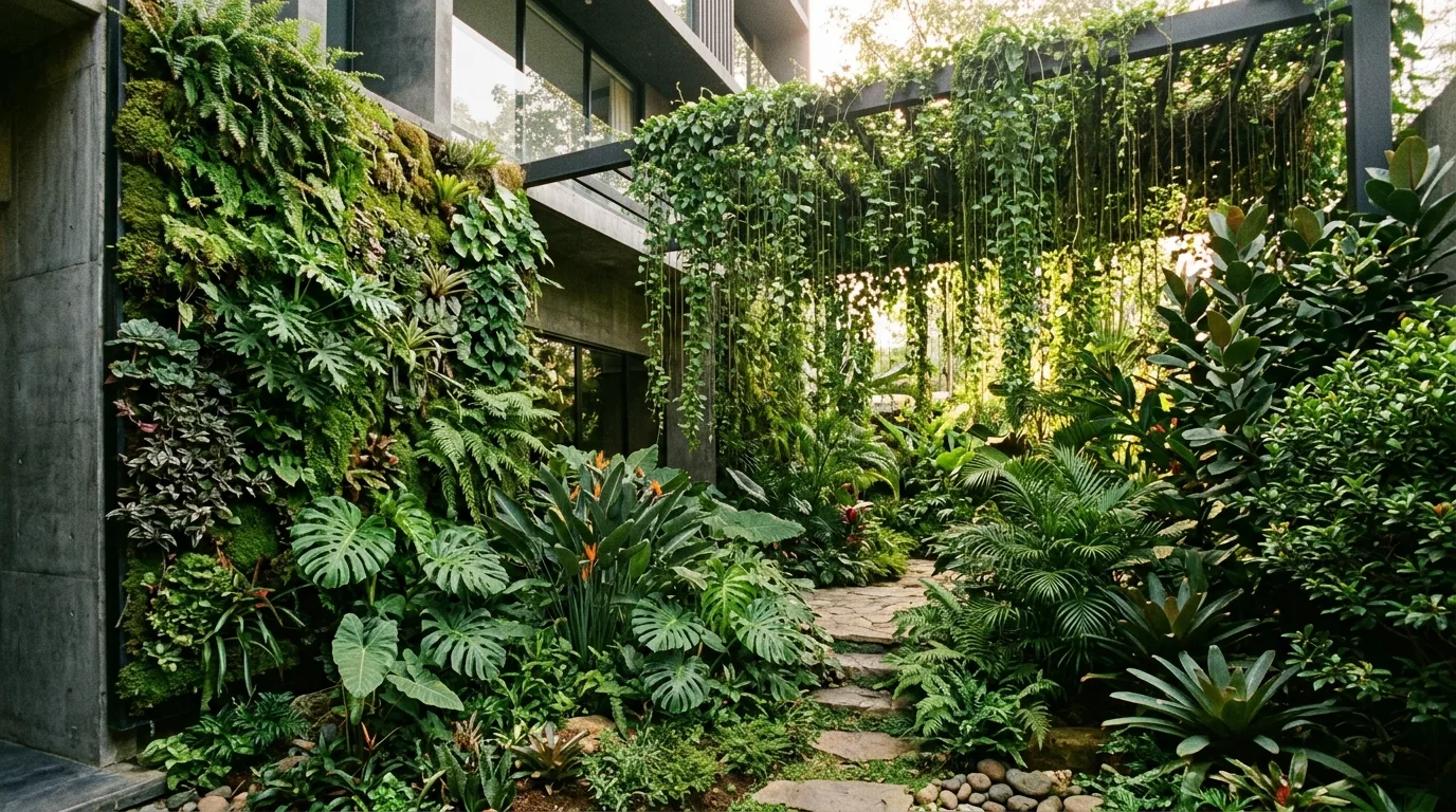 A tropical landscape lounge corner with oversized leaves and rattan seating, no people