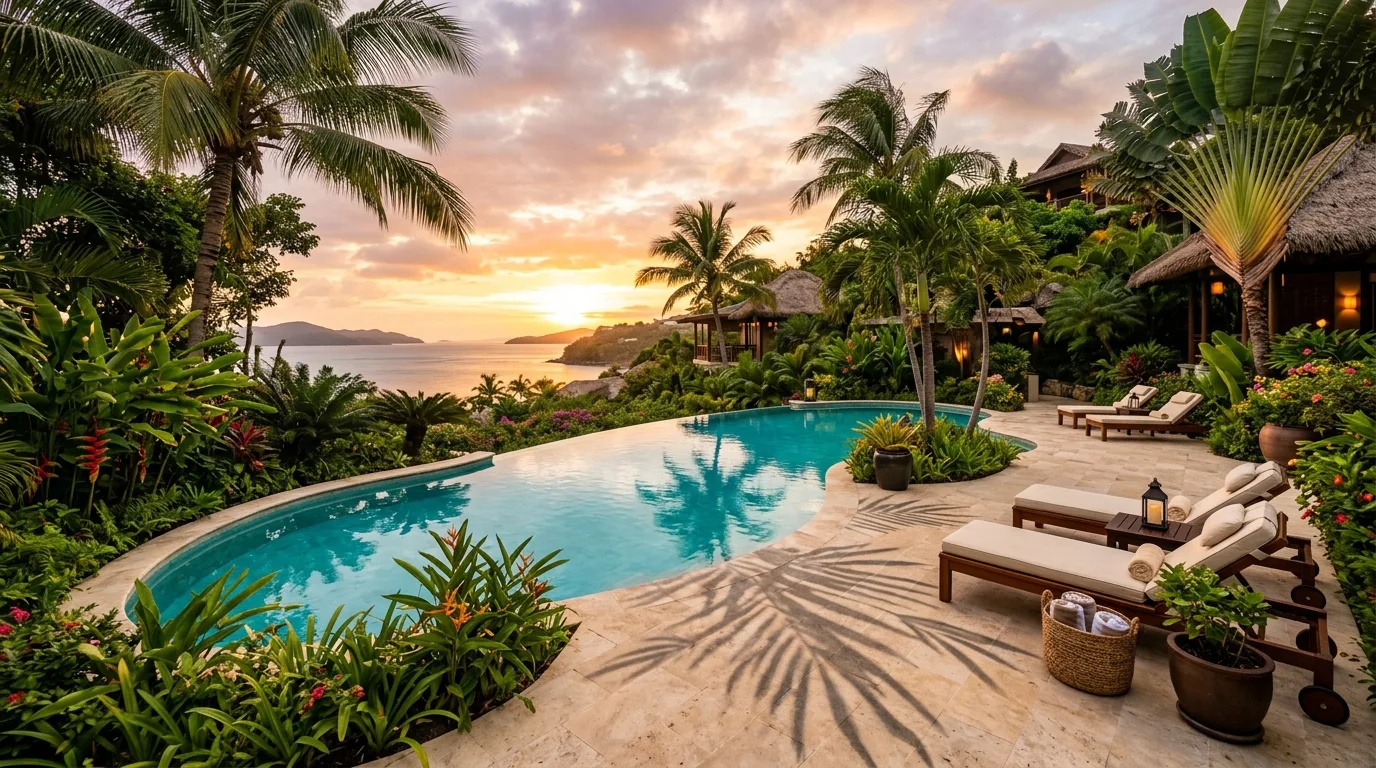 A modern tropical landscape in repeating green tones, no people