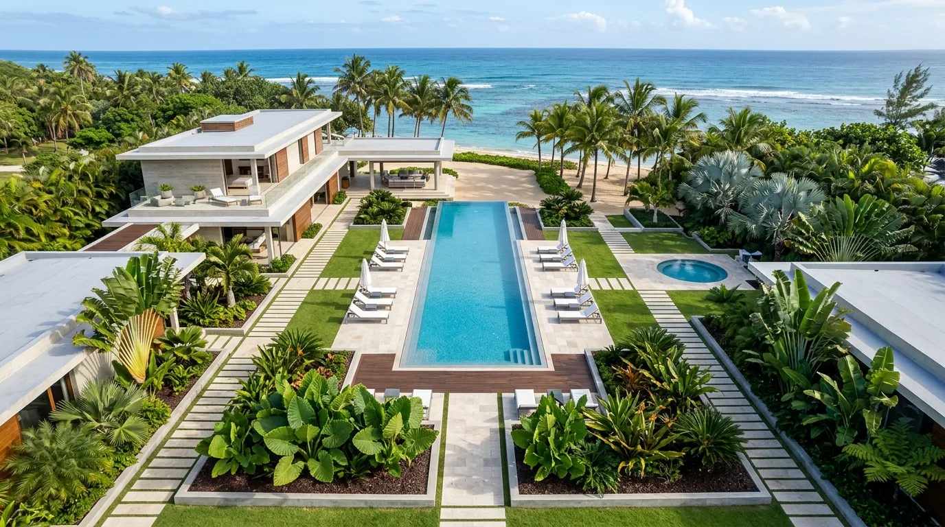 A lush tropical landscape with a modern water feature wall, no people