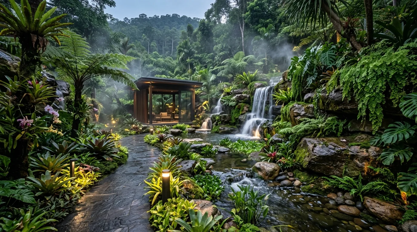 A modern tropical landscape at night with dramatic leaf lighting, no people