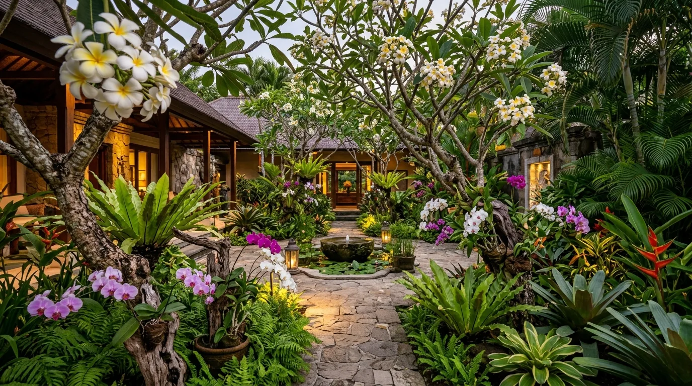 A tropical landscape with gravel and lush foliage layering, no people