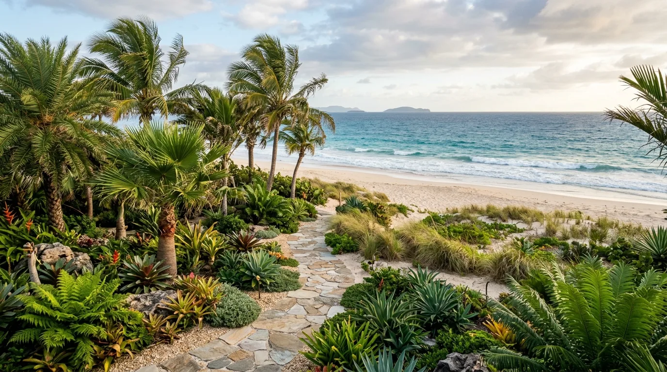 A modern tropical pergola landscape wrapped in vines and greenery, no people