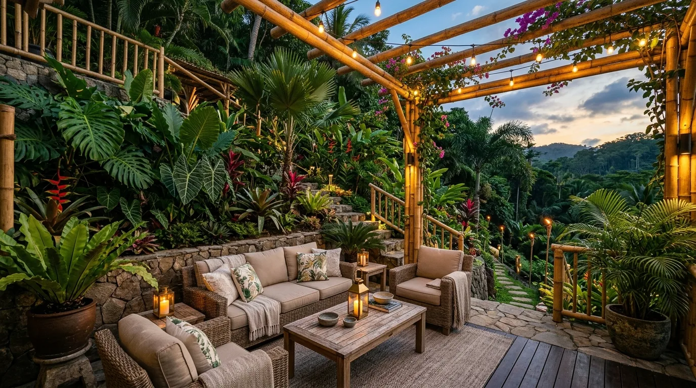 A lush tropical landscape with repeating foliage rhythm, no people