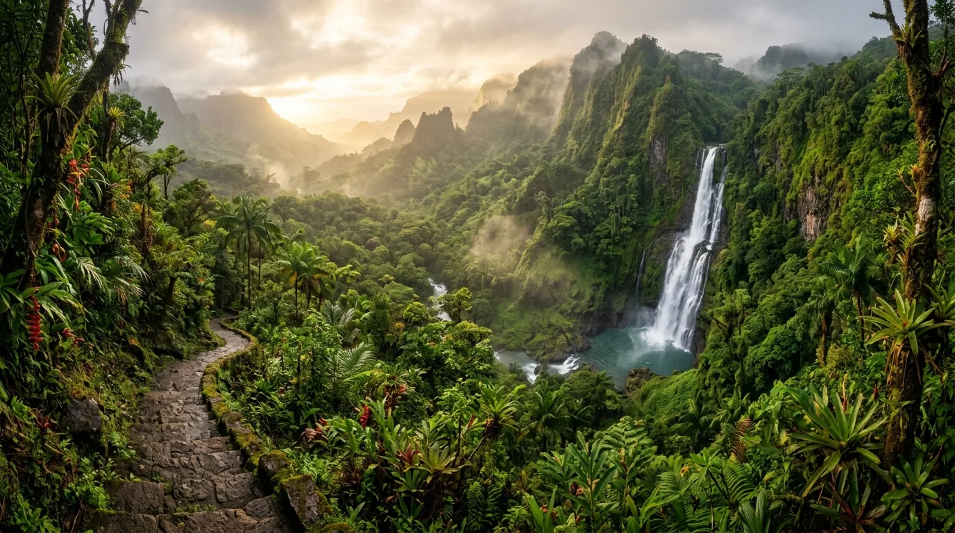 A lush modern tropical landscape balanced with clean structure, no people