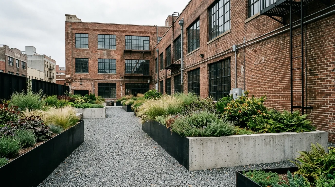 An industrial landscape with steel edging gravel and concrete, no people