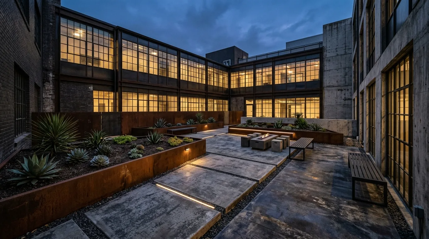 An edgy industrial courtyard landscape with brick walls and black planters, no people